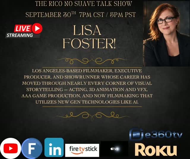 This Wednesday we have Lisa Foster the producer and filmmaker and cofounder of Maddox Media USA joining me on the show at 7pm cst and 5pm pst on The Rico No Suave Talk Show. I am exxcited to talk about her journey and also AI in the Film industry! 

Watcb us live by clicking on the link in our bio and select YouTube channel! 

#talkshow #talkshowhost #filmmaking