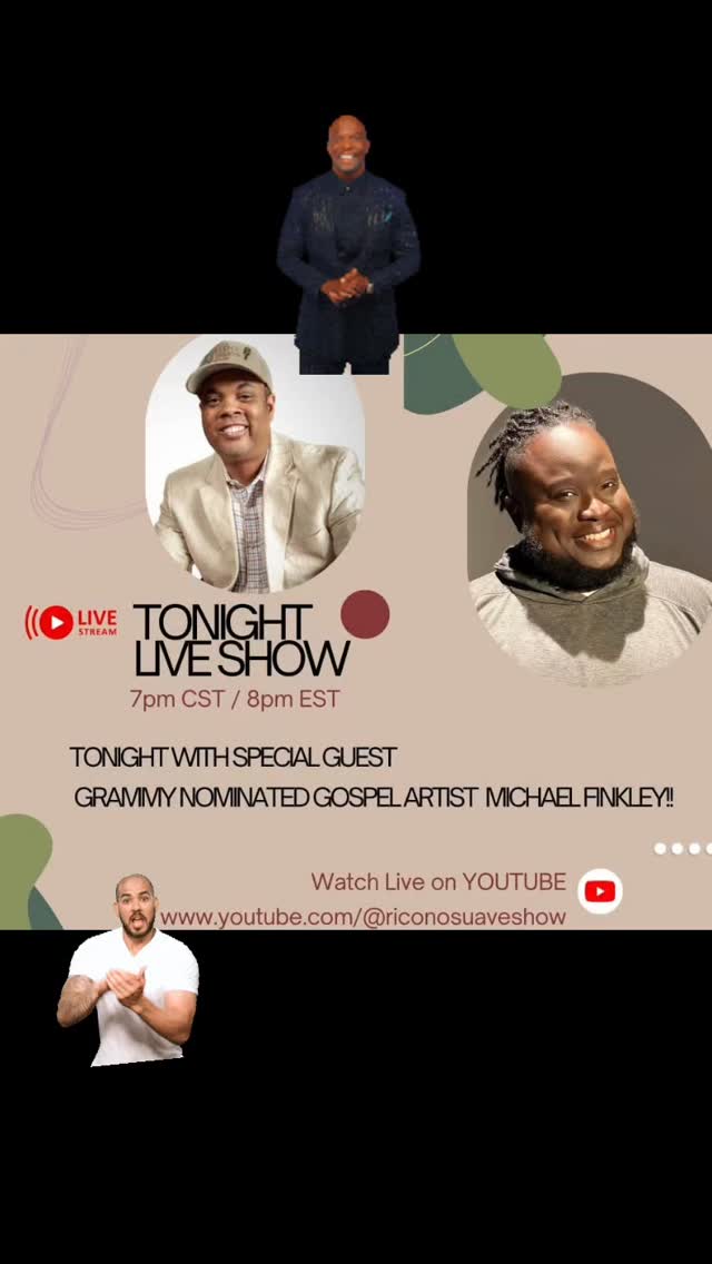 Esta Noche mi Gente! Its time to tune into the Rico No Suave Talk Show at 7pm cst and 8pm est! Make sure you tune in because we are ready to have a great time with special guest Michael Finkley Grammy Nominated Gospel Artist from South Carolina! We will be playing his new Single" Smile" tonight so get ready to be inspired! Daleee! 

Subscribe to my youtube channel and get notified by clicking on the link in our bio!

#talkshow #gospelsinger #grammynominated #professionalmode