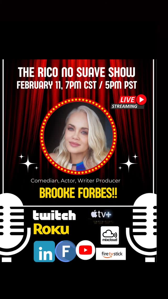 Oye Mi Gente! Get ready for another great show! We are bring fun and laughter to the show with an amazing guest, she is an Comedian, writer, Actor, producer. She runs great events in Hollywood and the surrounding areas that I had a pleasure of doing the red carpet as a host. The owner of Brooke Forbes Productions LLC and The Stained Red Carpet LLC Brooke Forbes will be on the show! Daleee!

***Guest Alert February 11 ***

Canadian-born triple threat Brooke Forbes is an award-winning actress, writer, producer, and performer. She recently portrayed Lady Gaga in Penelope Spheeris’s Balls to the Wall and has starred in major U.S. commercials for Cadillac, Toyota, Labatt’s, Hostess, AT&T, and Weight Watchers.

Brooke is the founder of Forbes Productions US, currently producing a slate of TV series, feature films, and musicals with celebrity talent. She is known for her bold creative vision and ability to bring comedic, character-driven stories to global audiences. Her film Natasha Mail Order Bride: Escape to America—which she co-wrote with Emmy-winning writer Bob Colleary—has won top honors at multiple festivals, including Olympus, Cinefest LA, Wind International, and Burbank International.

As creator and lead actress, Brooke brings Natasha the Mail Order Bride: The Movie to life—a wild blend of Lucille Ball meets female Borat. She can also be seen on Amazon Prime’s Gown and Out in Beverly Hills, as a lead role, Jai Kirin Kaur, the off-beat Yoga Instructor at a nudist colony.

Follow Brooke @bbforbes

Watch live with options by clicking on the link in our bio

#comedian #comedy #funny #standupcomedy #standup actor jokes comedyshow humor comedians memes comedyclub laugh  talkshow