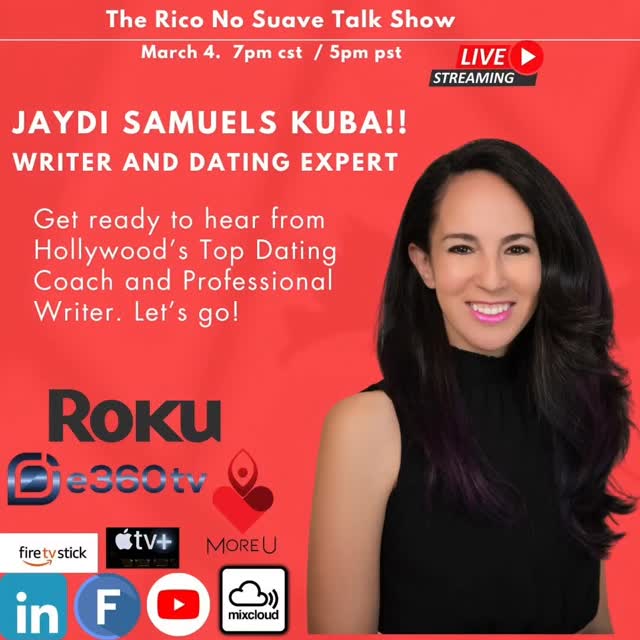 Oye mi gente! Get ready for a fantastic interview with an Dating Expert and professional writer Jaydi Samuels Kuba this Wednesday at 7pm cst and 5pm pst 😀 Dalee! 

***Guest Alert March 4 ***

Jaydi Samuels Kuba is a TV writer, matchmaker, and dating coach, best known for setting up singles in the entertainment industry. A graduate of USC's screenwriting program, she got her start penning the 250th episode of Family Guy, and has written and developed for numerous auspices since, from Tyler the Creator and Colin Kaepernick to Jennifer Garner and Margot Robbie -- including two pilots set up with Warner Bros. Her other credits range from animated comedies on Fox and Netflix to live action dramas such as Salem. 

While working in TV, Jaydi noticed her peers were struggling to find meaningful romantic connections, and she launched LJMatchmaking with her business partner Lauren. The dozens of couples they've matched over the years affectionately call them the "Love Agents of Hollywood." Her narrative nonfiction book about it all -- Your Last First Date: Secrets from a Hollywood Matchmaker -- debuted this past January. Maria Shriver called it one of the "Most Anticipated Books of 2026," and Amazon's Editorial Director for Books named it as one of her top Valentine's Day recommendations. Lastly, this nationally-rated table tennis player is married to Dave, a reality TV producer who also happened to be her client. (Don't worry, she only ever got high on her own supply once!) Together they are the loving parents to four-year-old Rocky, and co-host the podcast "Match Made in Hollywood."

Follow Jaydi @matchmadeinhollywood 

Watch live with options by clicking on the link in our bio

#tvwriter #screenwriter #screenwriting #tvwriting #writer writersofinstagram filmmaking screenwritersofinstagram film tvwriters writingcommunity hollywood screenwritingtips webseries datingcoach datingadvice dating datingtips datinglife love relationships datingapp onlinedating relationshipcoach relationship relationshipgoals  talkshow