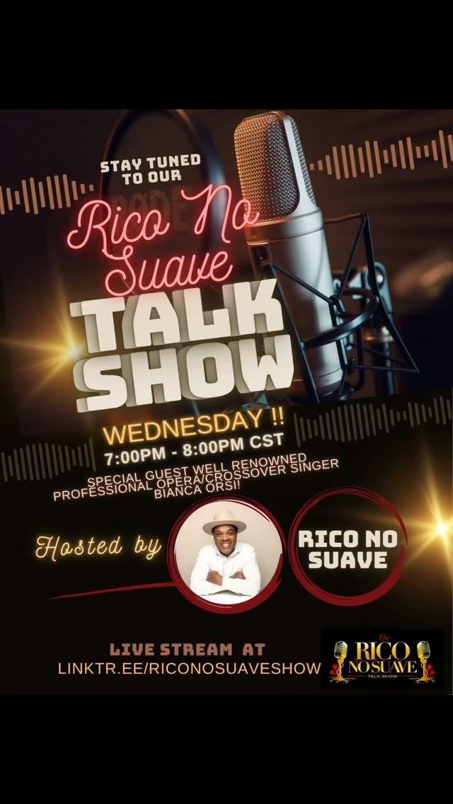 Oye Mi Gente! We are back tonight on the Rico No Suave Talk Show at 7pm and its going to be a great time! We want you all to be here to have a great time with us as we have the professional opera singer Bianca Orsi! Tune in with the link below! Daleee!

Click on the link in our bio to watch on YouTube! 

#talkshow #singer #operasinger